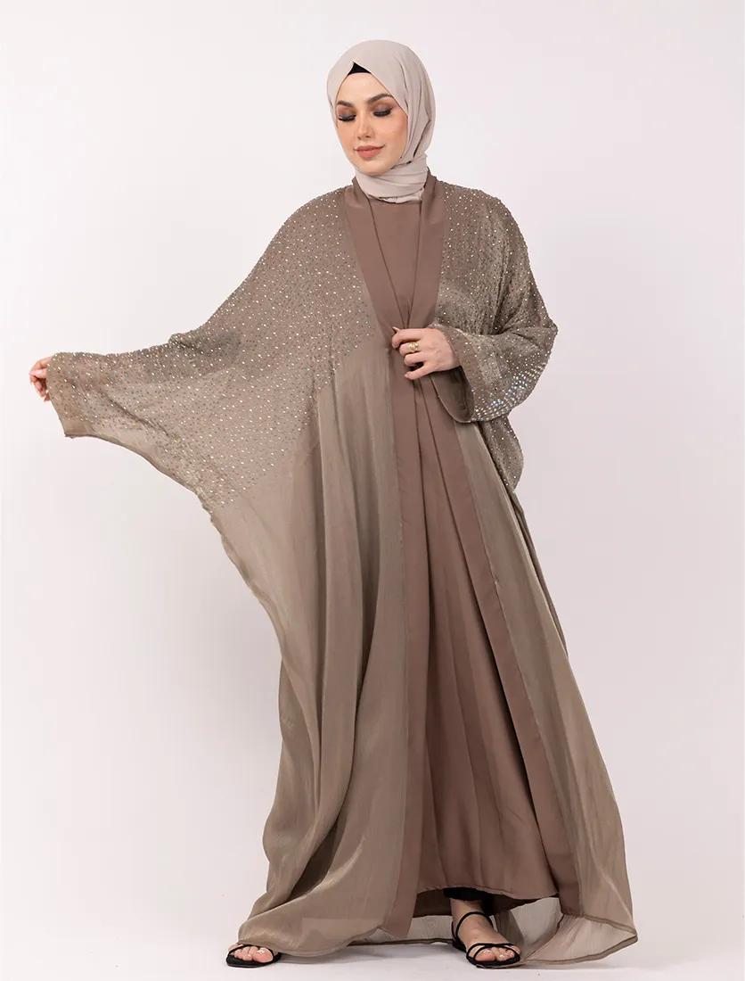Mocha Sparkle Crystal Embellished Sheer Overlay Abaya